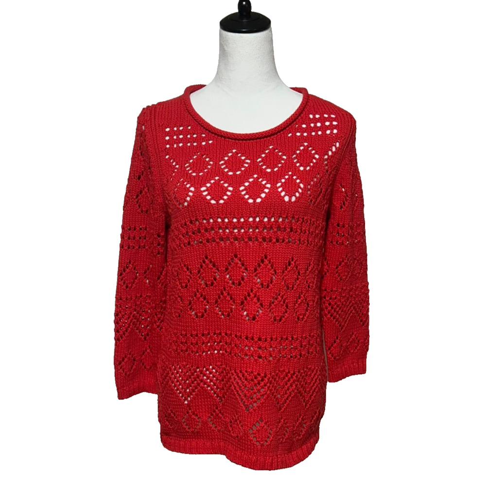 Talbots Sweater Medium Red‎ Pointelle Knit Crochet Roll Neck Christmas Holiday